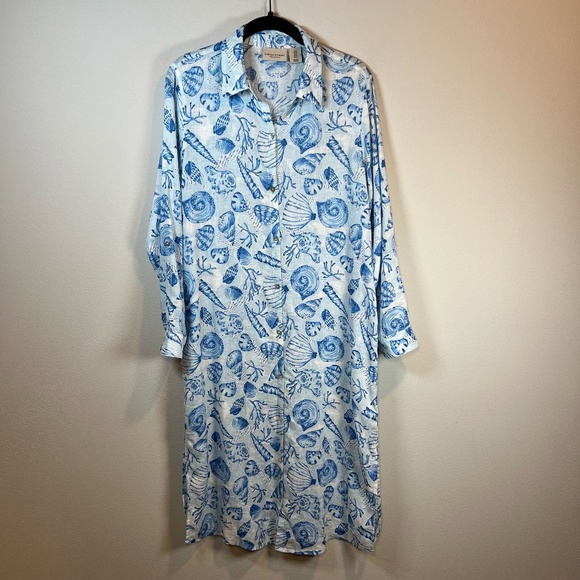 Martha Stewart Womens Linen Blend Shirt Dress Blue White Beach Shells Size Small - Picture 1 of 16
